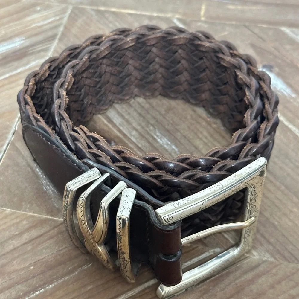 Vintage Brighton Brown Woven Braided Leather Belt Silver Buckle XS/26 97068